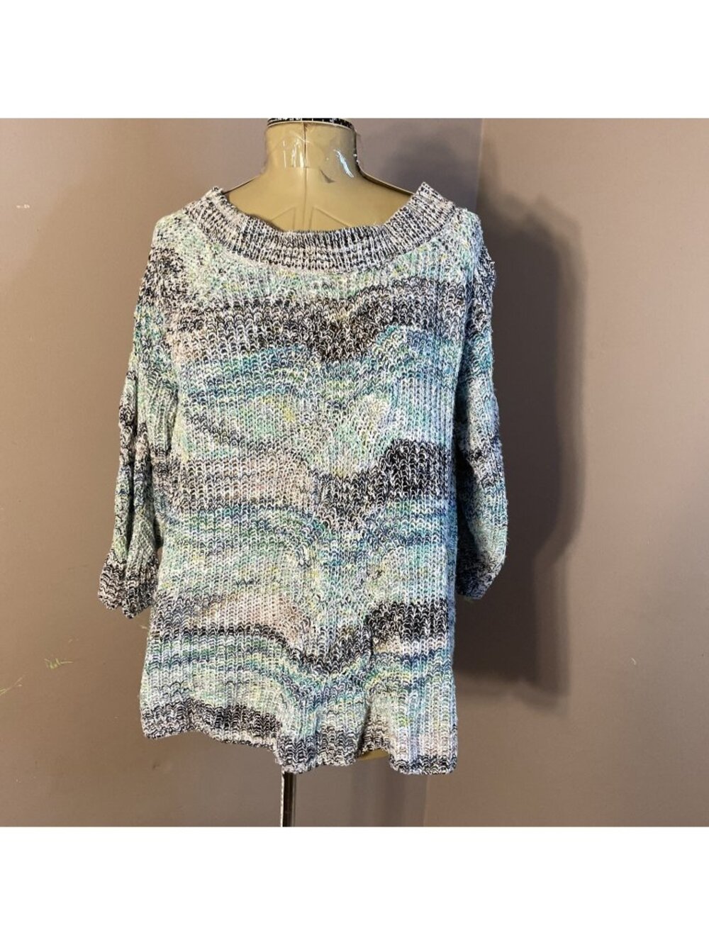 J. Jill Sweater Knitted Design Black/Green/White Boat Neck 3/4 Sleeves Sz 2XL